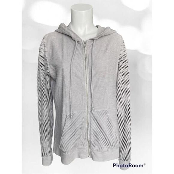 Michael Stars Women's‎ Gray Zip Up Hooded Sweater Mesh Eyelets Sleeve Pockets M - Picture 1 of 6